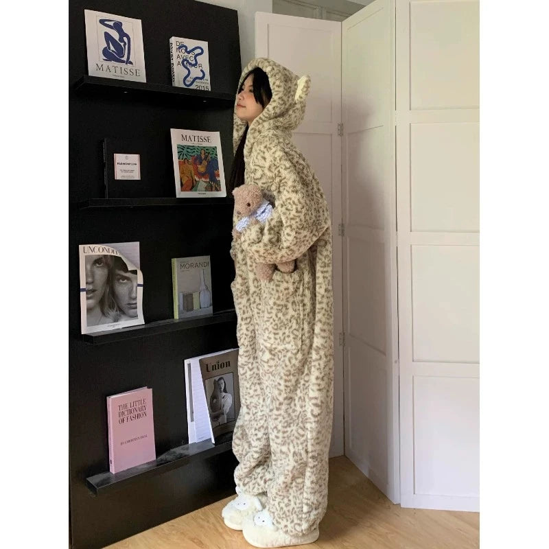 Leopard Hooded Pajamas Animal Kigurumi Unicorn Adult Onesies for Women Winter Sleepwear Flannel Pochets Overall Sets Slippers