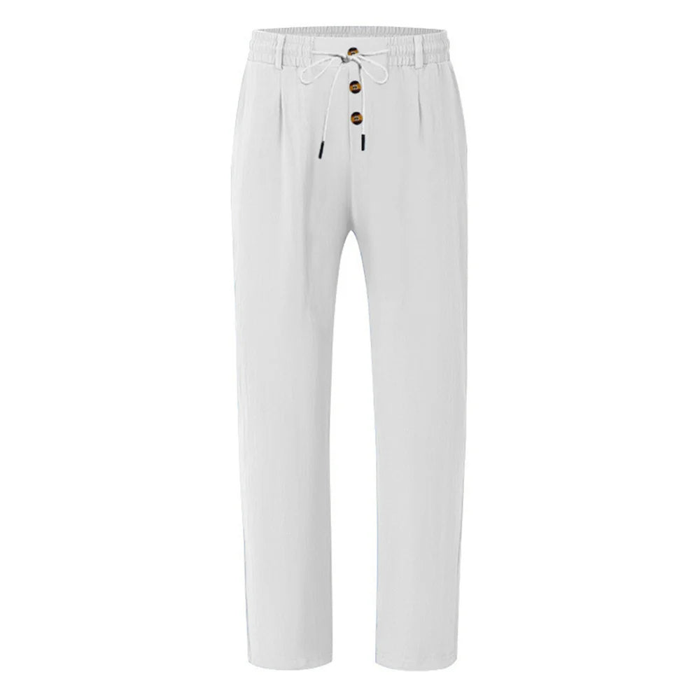 Autumn New Men's Cotton Pants Solid Color Button Drawstring Design Casual Loose Fit Cozy Trousers Simple Style Long Pants
