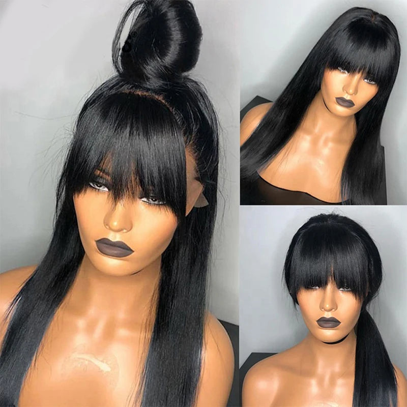 Straight Human Hair Wigs With Bangs 5x5 Hd Lace Closure Wig Fringe 13x4 Lace Frontal Glueless Wig Human Hair Ready To Wear Cheap
