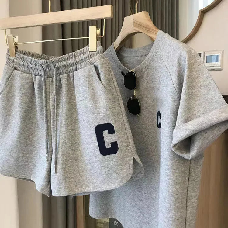 ﻿ 2 Piece Set Women Summer Loose Short Sleeve T-Shirt Casual Shorts Sports Print Letter Casual Suit Large Size Short Pajamas