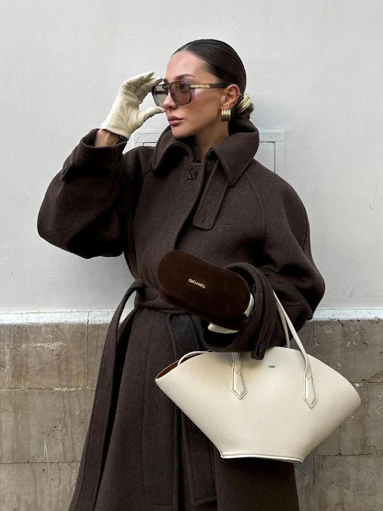 Stand Collar Single Breasted Woolen Lace Up Long Overcoat Women Elegant Full Sleeves Button Pockets Coats New Autumn Winter Tops