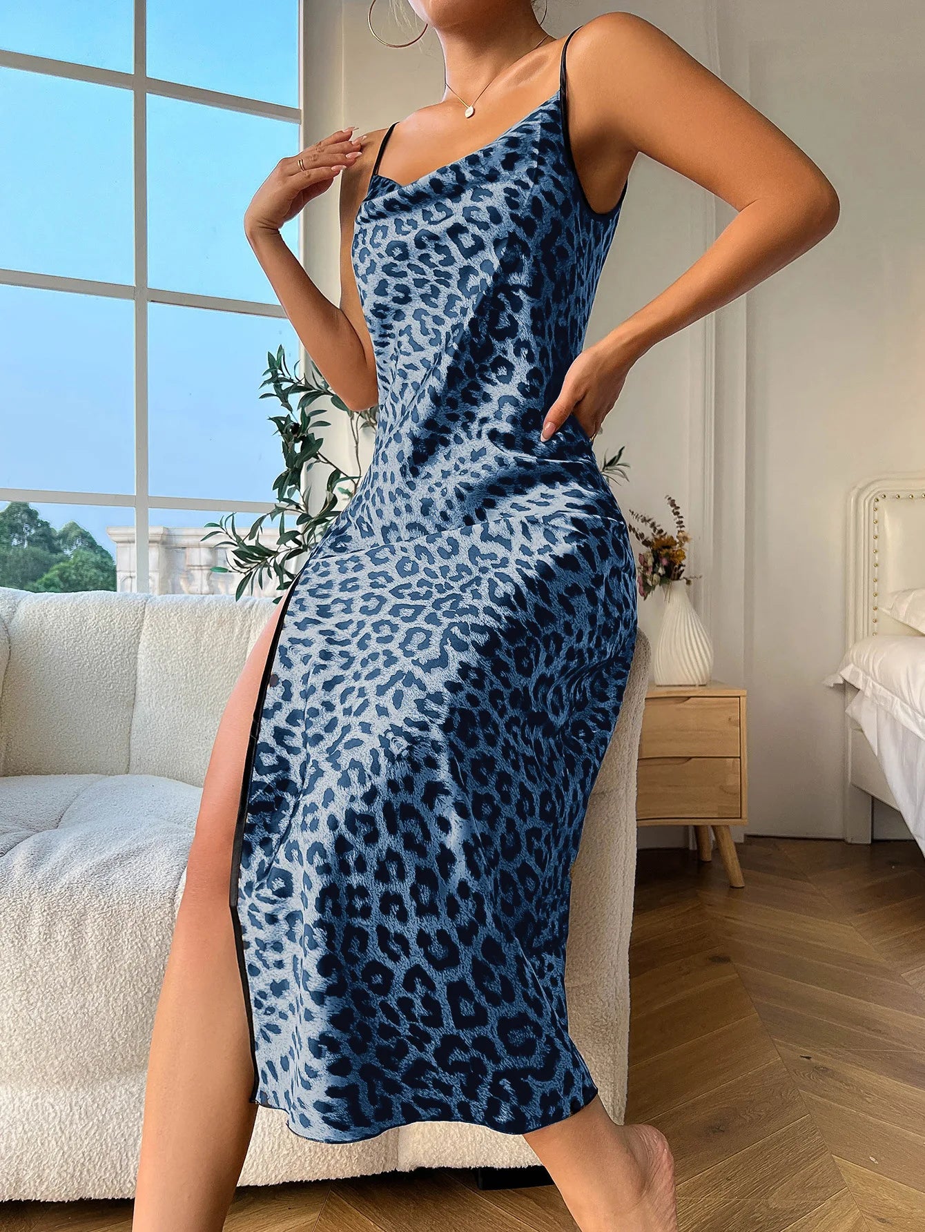 Fashion Backless Slit Ice Silk Camisole Skirt Nightgown Women's Summer Thin Breathable Imitation Silk Sexy Leopard Print Pajamas