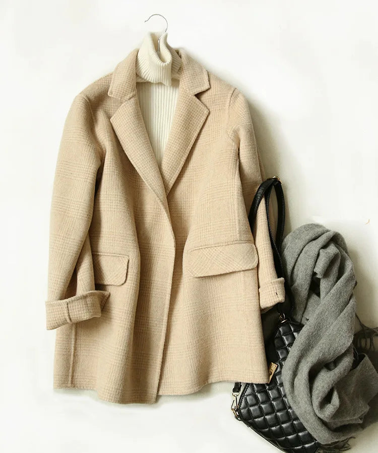 Handmade Sewn Double-sided Woolen Blazer Women Spring Autumn Plaid Wool Overcoat Office Lady Casual Suit Coat Thick Jacket