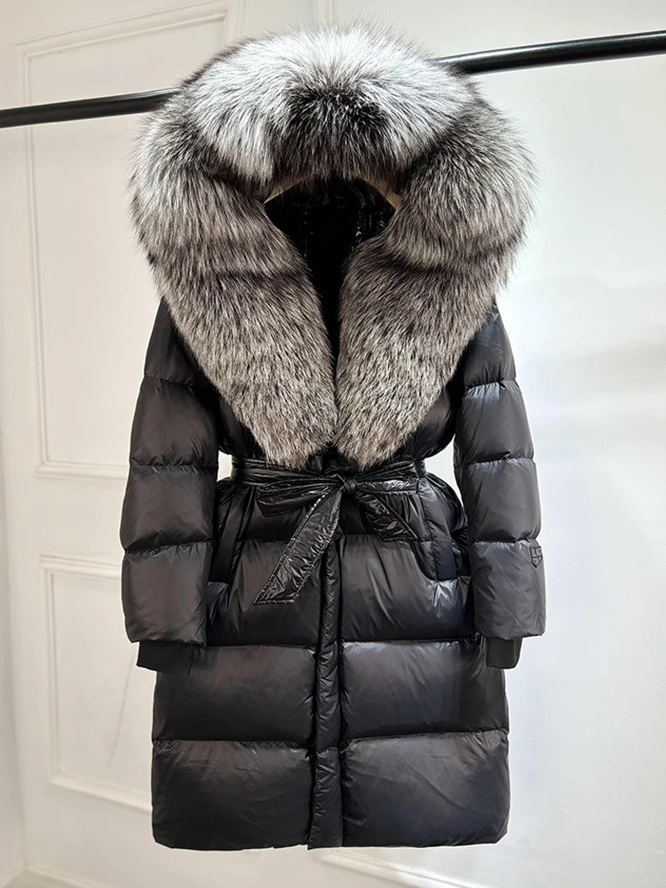 Janveny Winter Real Natural Fox Fur Hooded Long Puffer Down Jacket Women 90% Goose Down Coat Thick Warm Female Shiny Parkas