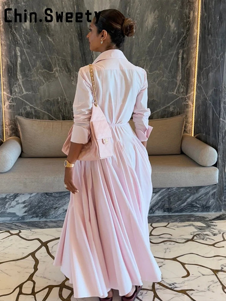 Elegant Single Breasted Khaki Long Dress Women Lapel Short Sleeve Pleat Slim Waist A-line Dresses 2025 Summer Autumn Lady Robes