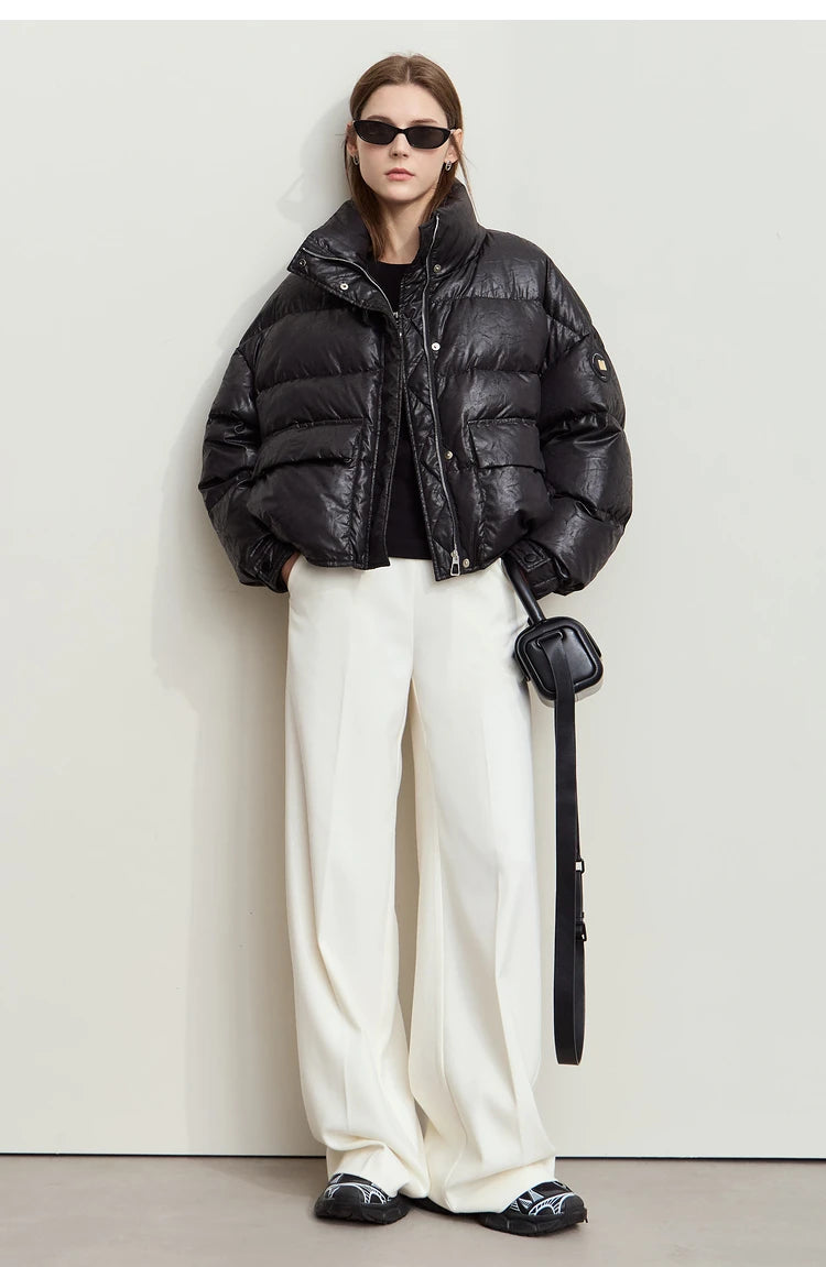 AMII Minimalist Women's Down Coat 2024 Winter Warm Thick Lapel Stand Collar Imitation Leather Duck Down Female Jacket 12444025