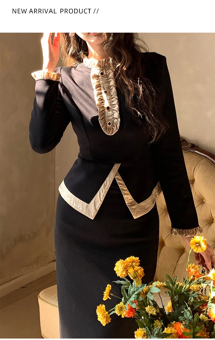 Women Clothes Black Vintage Outfits Elegant Ruffle O-Neck Tops Shirt Blouse And High Waist Midi Skirt Mujer 2 Pieces Set Formal