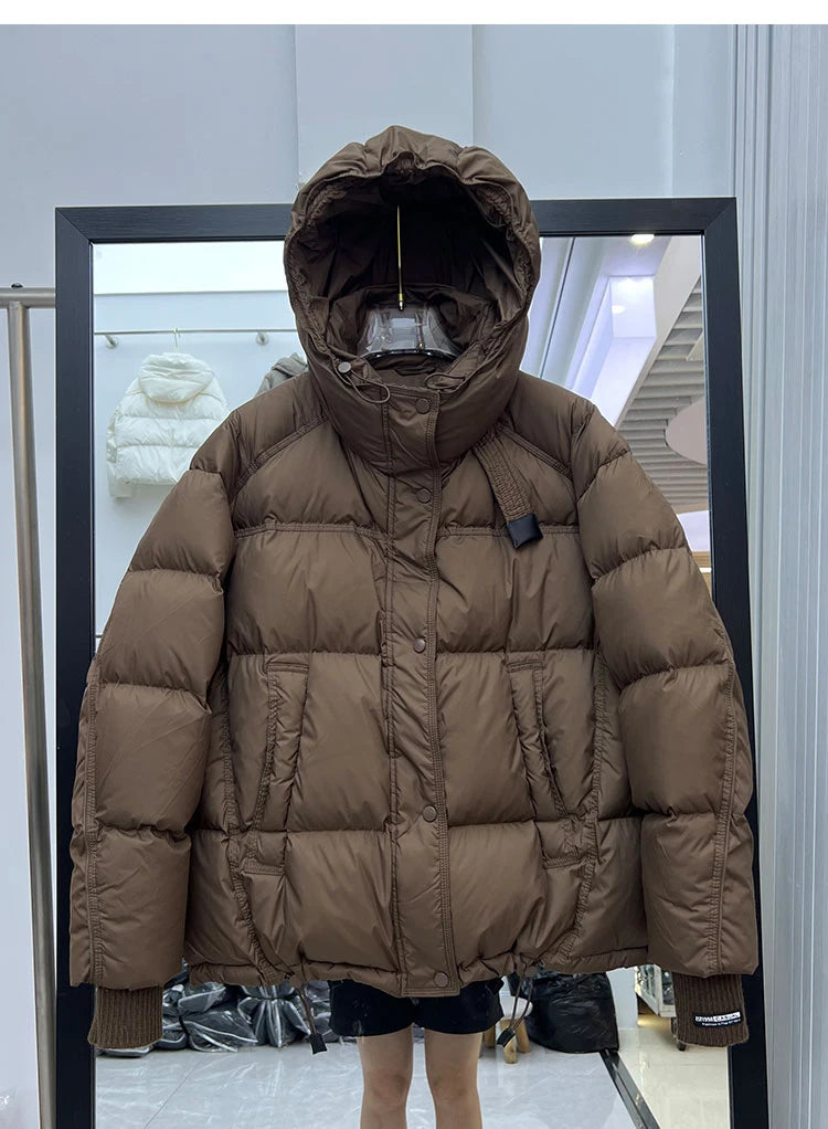 Schinteon Women White Duck Down Jacket with Hood Autumn Winter Warm Outwear Korean Style Over Size Loose Solid Color Coat 2025