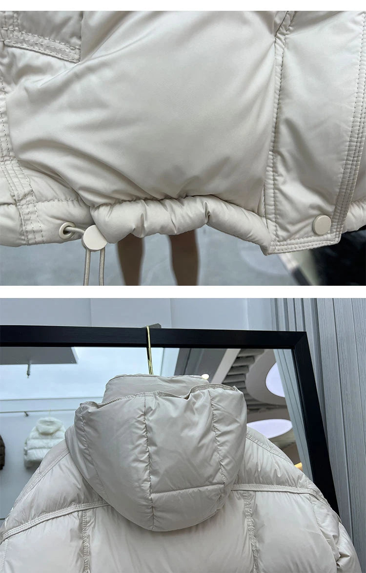 Schinteon Women White Duck Down Jacket with Hood Autumn Winter Warm Outwear Korean Style Over Size Loose Solid Color Coat 2025