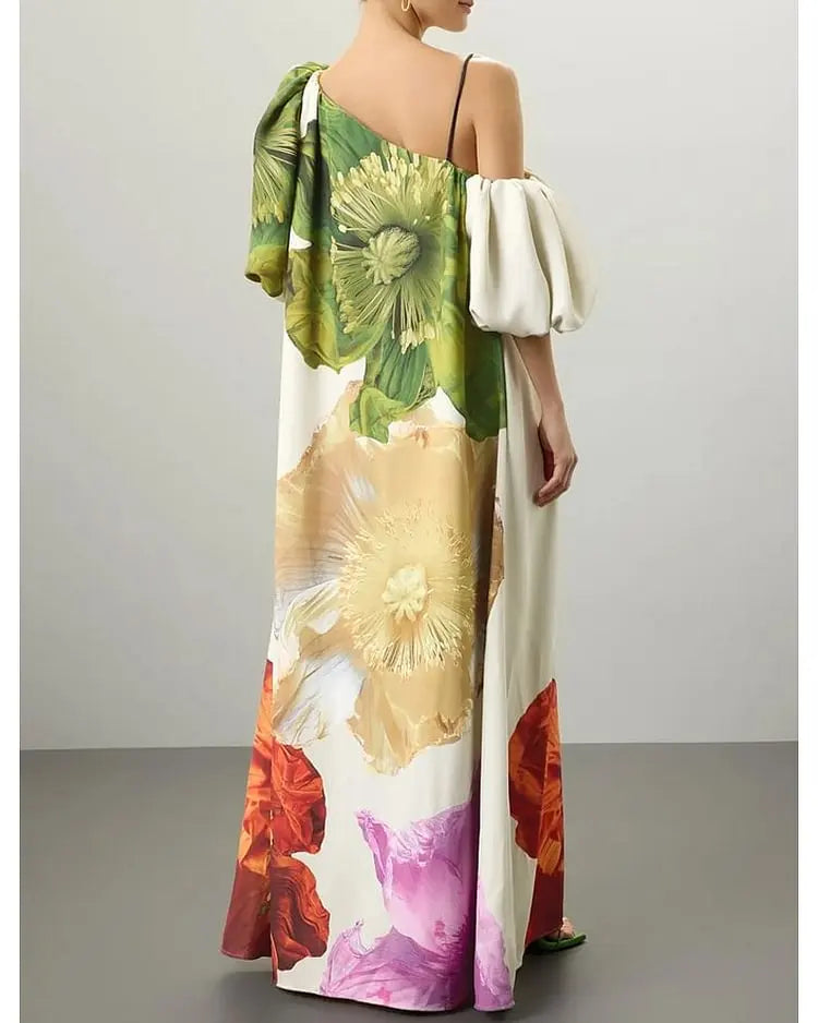 Women New Elegant Floral Printed Evening Maxi Dresses Loose One-Shoulder H-line Vacation Bohemia Dress