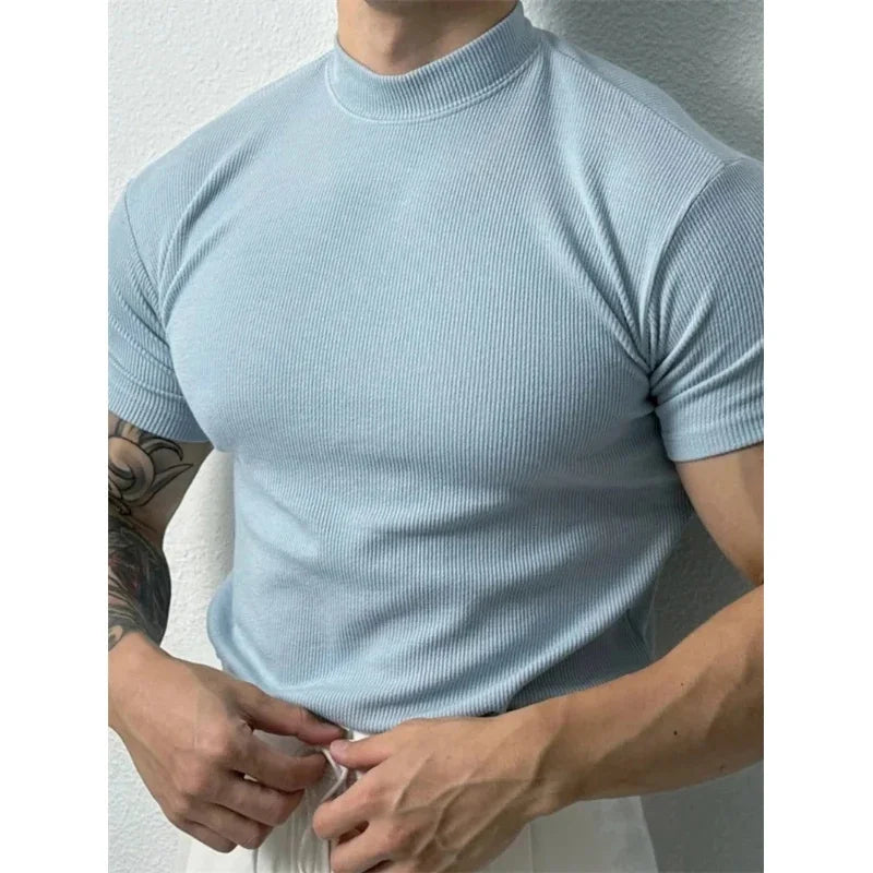 spring summer Elastic Comfortable Men's T-shirt Small high collar stripe shirt short sleeve fitness tops sports casual T-shirt
