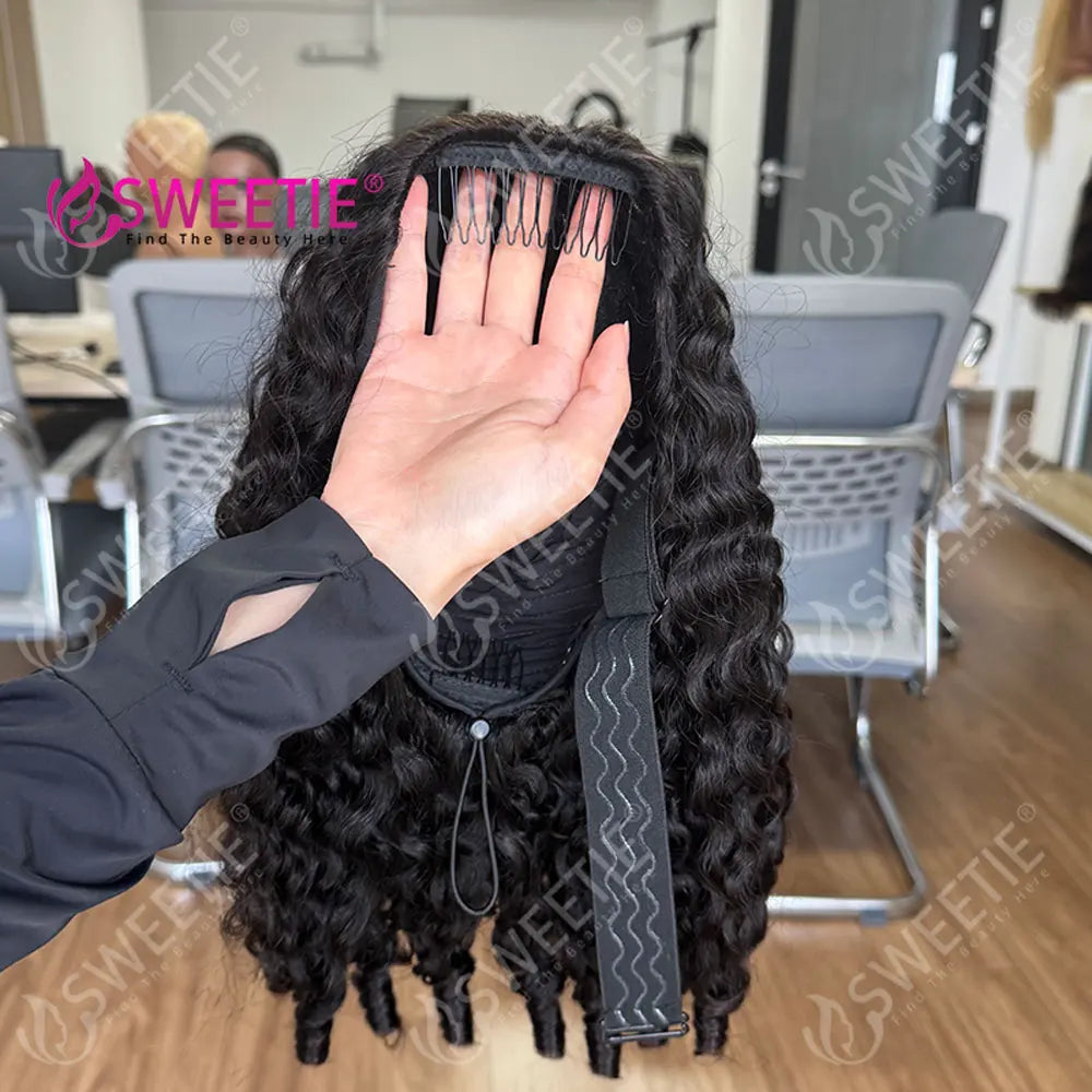 12A Glueless Burmese Pixie Curly Human Hair Wigs Flip Over Wig With Drawstring Curly Wig Invisible Hairline 3 In 1 Half Wigs