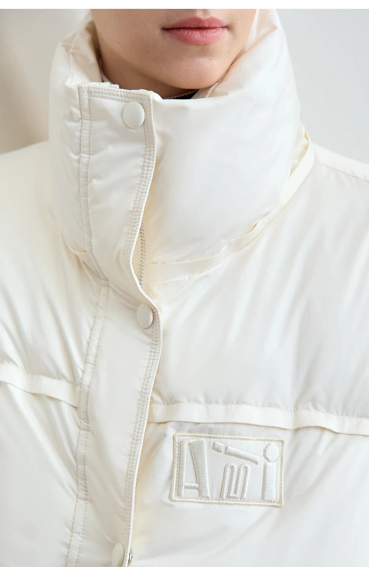 Amii 2024 Winter New Women's Velcro Loose Coat Top Warm Stand-up Collar Letter Embroidered Seal Zipper Down Jacket 12444103