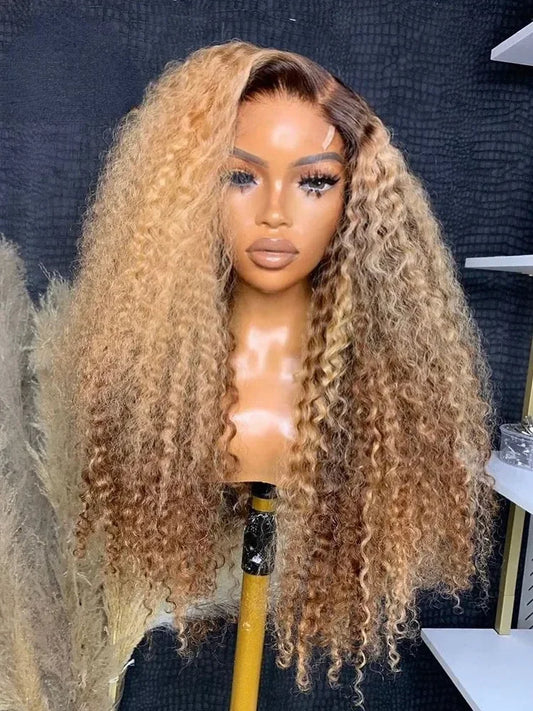 Ombre Brown Color Soft 26“Long Kinky Curly 180Density Lace Front Wig Synthetic For Women High Temperature Glueless Daily