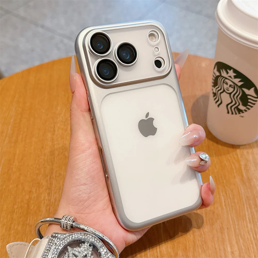 Luxury Frosted Transparent Matte Phone Case For iPhone 16 15 17 Pro Max Air Full Lens Protector Metallic Color Frame Armor Cover