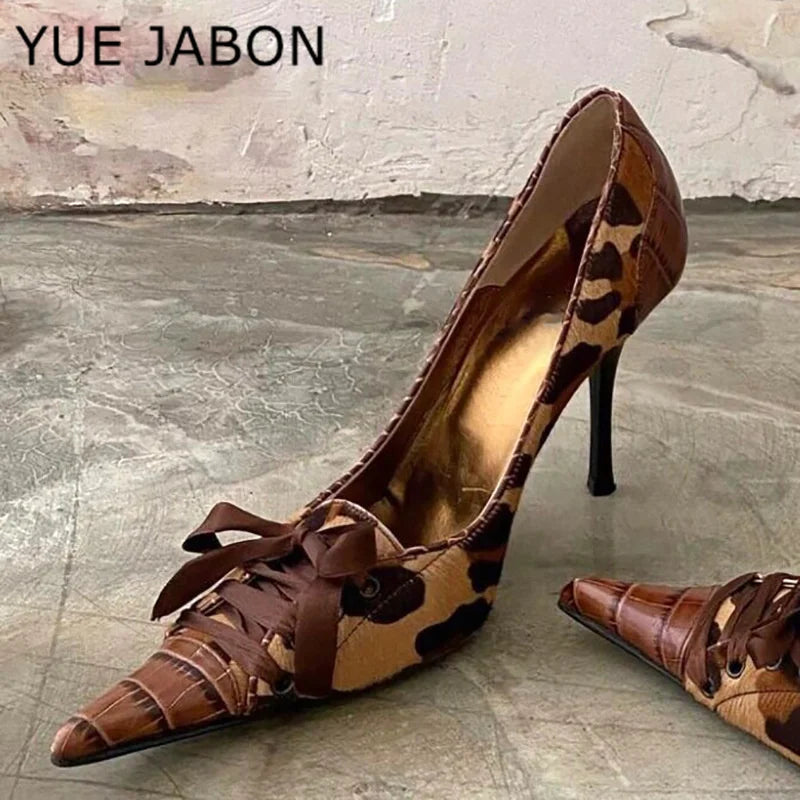Sexy Leopard Print High Heels Women Black Pointed Toe Pumps Women Lace Up Elegant Designer Sandal Rhinestone Party Dress Shoes