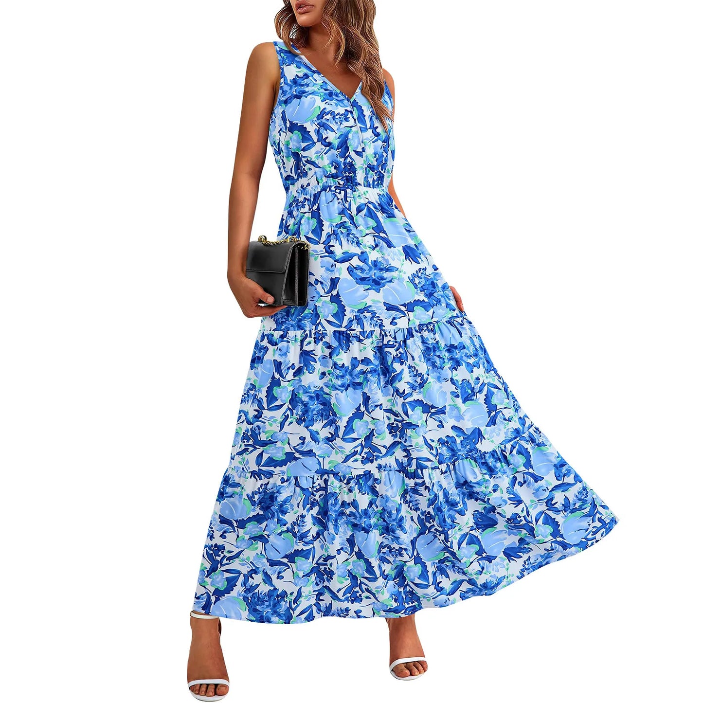 Maxi Dresses For Women Summer Tiered Ruffle Print Boho Beach Ladies Vestidos Evening Party Elegant Dress Vintage Long Dress