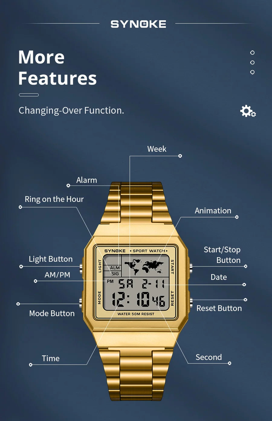 SYNOKE Top Brand Luxury Stainless Steel Chrono Sport Watches Men Back Light Display Digital Wristwatch 5Bar Waterproof Reloj Hom