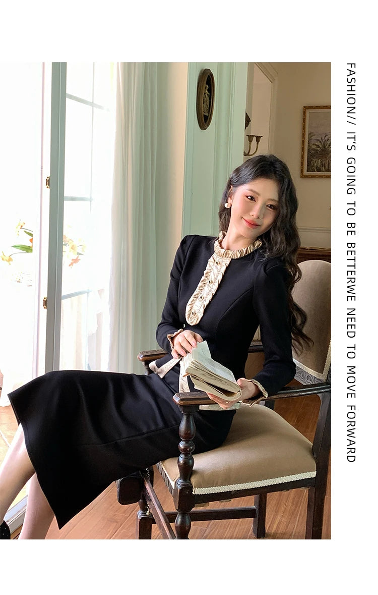 Women Clothes Black Vintage Outfits Elegant Ruffle O-Neck Tops Shirt Blouse And High Waist Midi Skirt Mujer 2 Pieces Set Formal