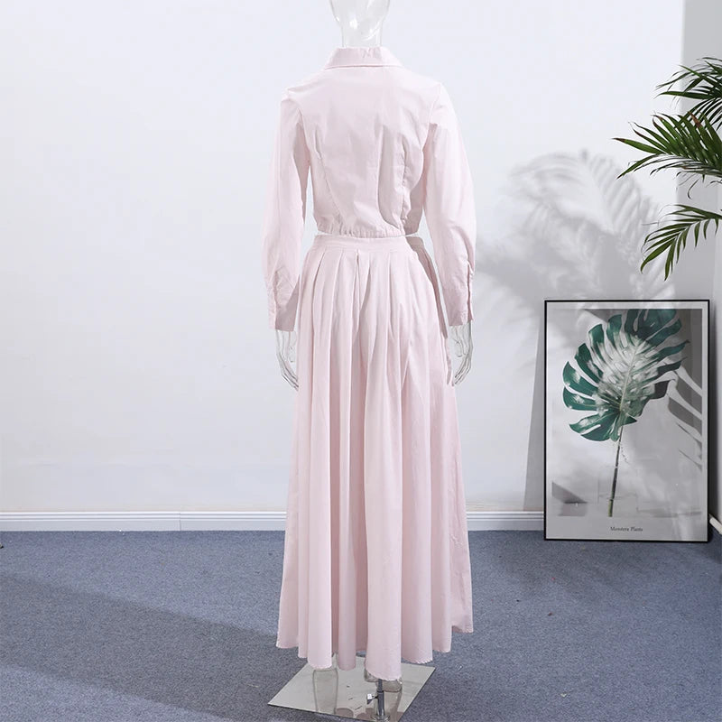 Elegant Single Breasted Khaki Long Dress Women Lapel Short Sleeve Pleat Slim Waist A-line Dresses 2025 Summer Autumn Lady Robes