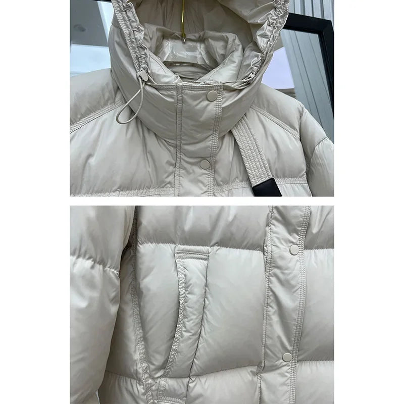 Schinteon Women White Duck Down Jacket with Hood Autumn Winter Warm Outwear Korean Style Over Size Loose Solid Color Coat 2025