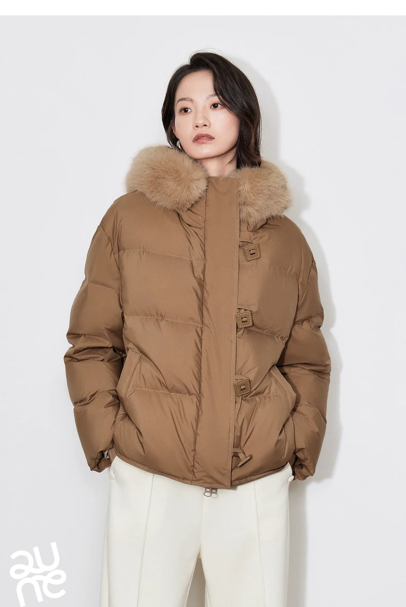 TOYOUTH Women Down Jacket 2024 Winter New 90% White Duck Down Fur Collar Hooded Warm Jacket Coat