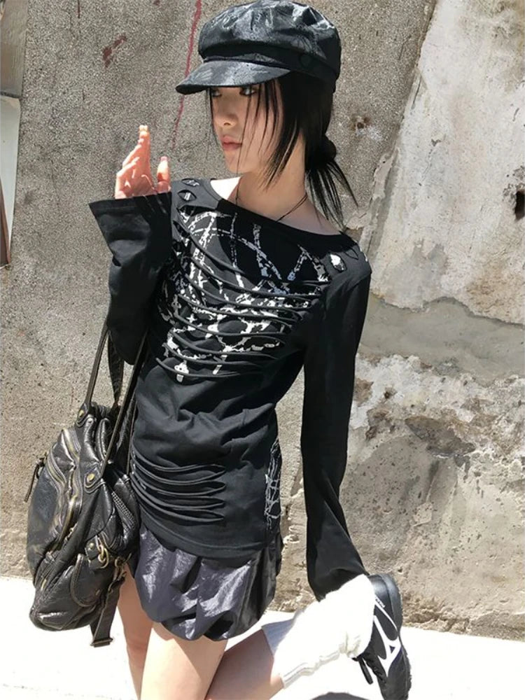 Long Sleeve Sexy Y2k T-shirt Women Tops High Neck Black Gothic Tees Cross Hollow Slimming Bottom Knitted Shirt Women Halloween