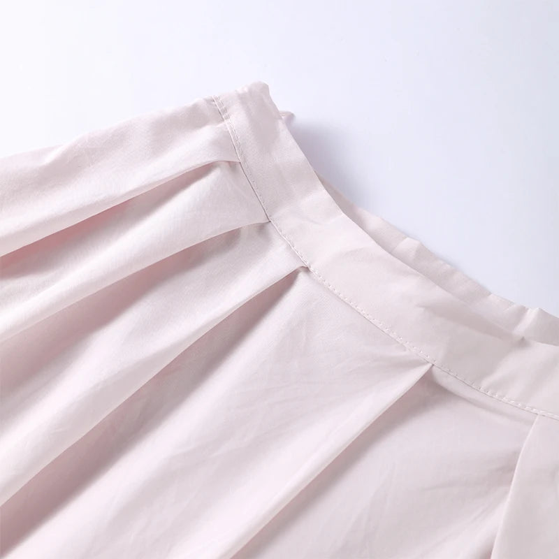 Elegant Single Breasted Khaki Long Dress Women Lapel Short Sleeve Pleat Slim Waist A-line Dresses 2025 Summer Autumn Lady Robes