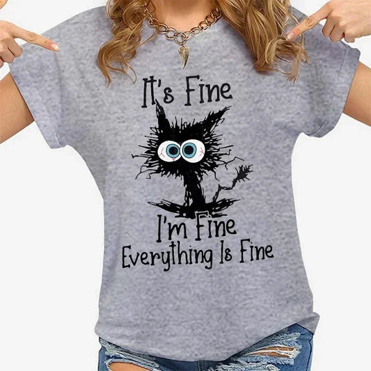 Women Clothes Cat It's Fine I'm Fine Everything Is Fine Print T-shirts Summer Casual  Fashion Personalized Woman Clothing