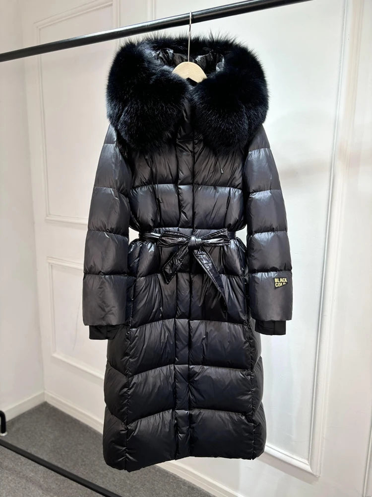 Janveny X-long Shiny Puffer Jacket Women Hooded Winter Thick Goose Down Coat Belt Large Natural Fox Fur Female Parkas Waterproof