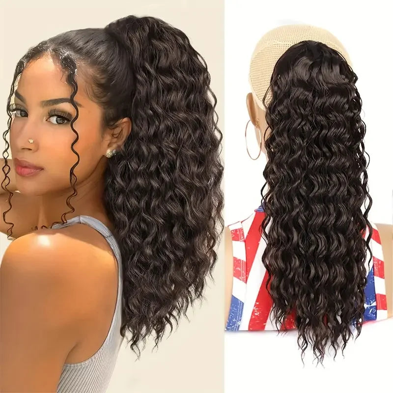 Curly Ponytail Extension Synthetic Drawstring Ponytail for Women 16Inch Long Curly Wavy Clip in Hairpiece for Daily Party
