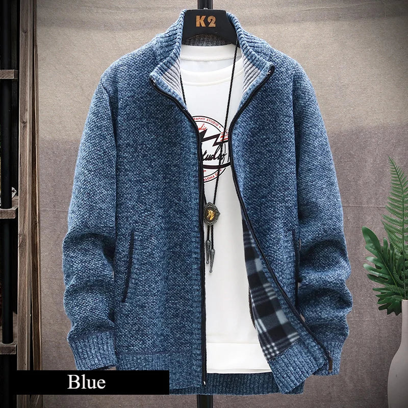 Knitted Cardigan Solid Color Sweater Men Zipper Autumn New Long-sleeved Jacket Warm Fleece Cardigans Jacket