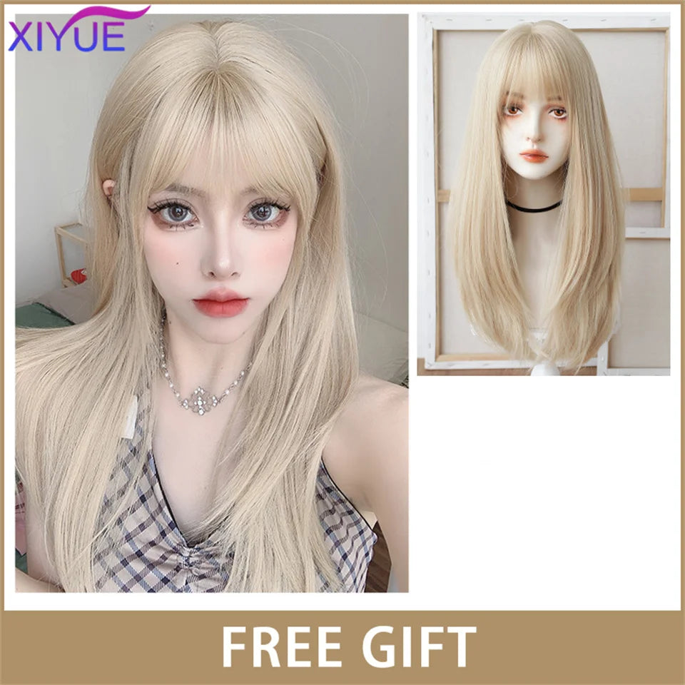 XIYUE Long Straight Black Wig With Bang Synthetic Wigs for Women Heat Resistant Natural Hair for Daily Halloween Cosplay Party