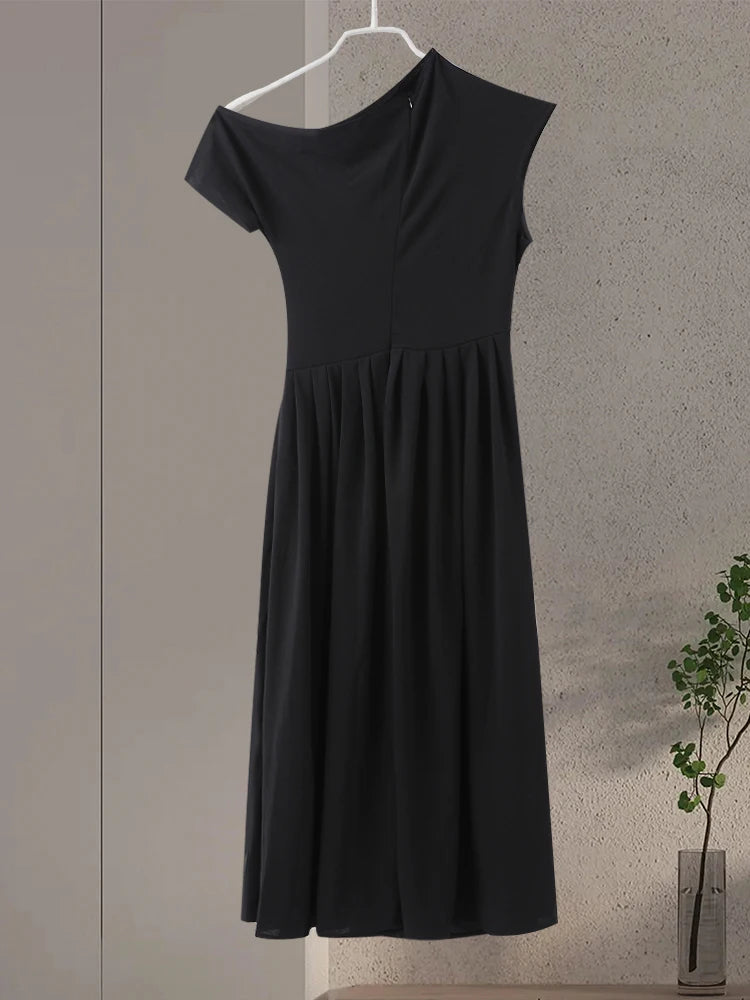 Summer Lady Patchwork Pleated Maxi Dress Chic Elegant Black Half-turtleneck Short Sleeve High Waist Dresses Office Street Robes
