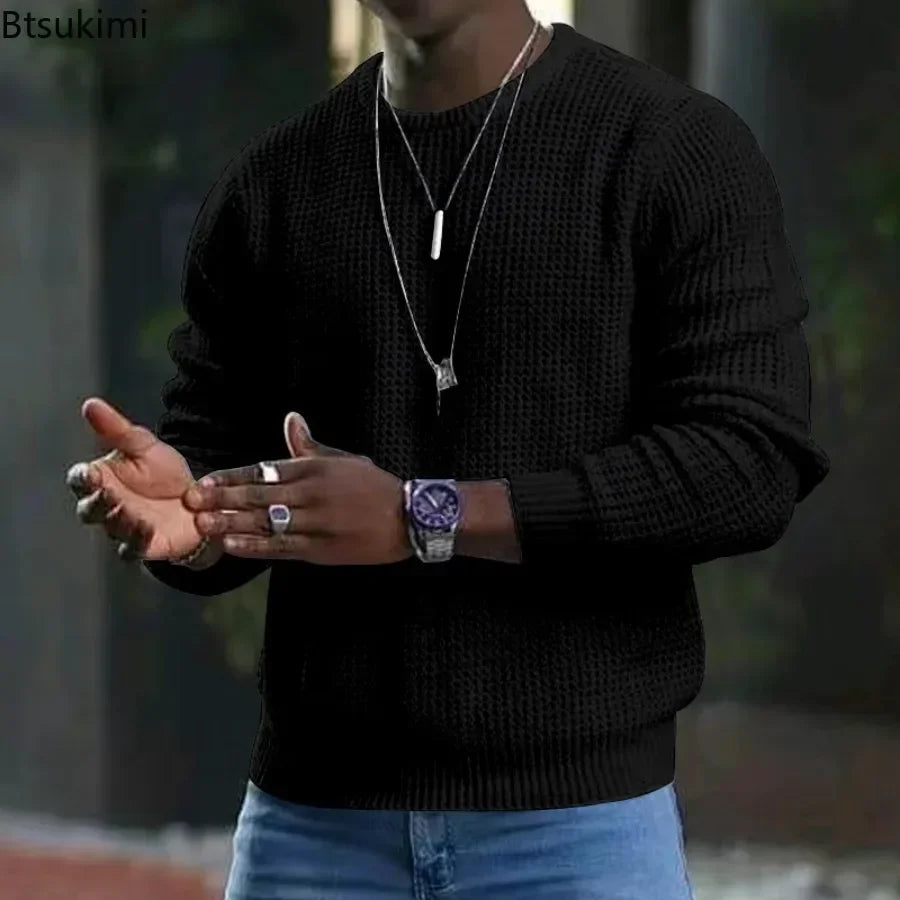 New 2025 Men's Waffle Knitted Sweaters Solid Loose Casual O-neck Pullover Tops Spring Autumn Long Sleeve Sweatshirt Male Sweater