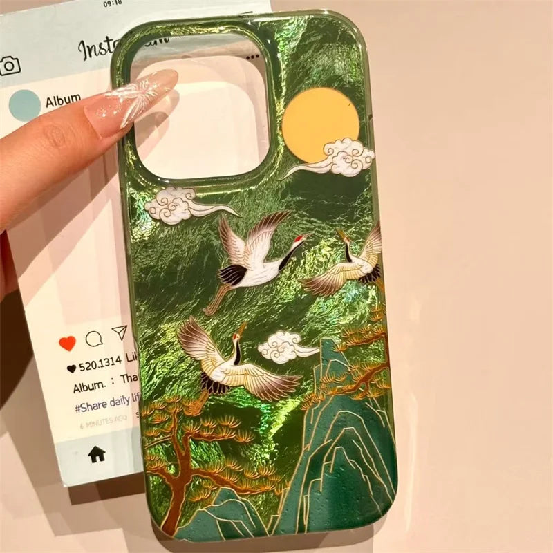Vortex pattern high mountain auspicious cloud crane phone case with ancient fan tassel for iPhone 11 12 13 14 15 16 17 pro max