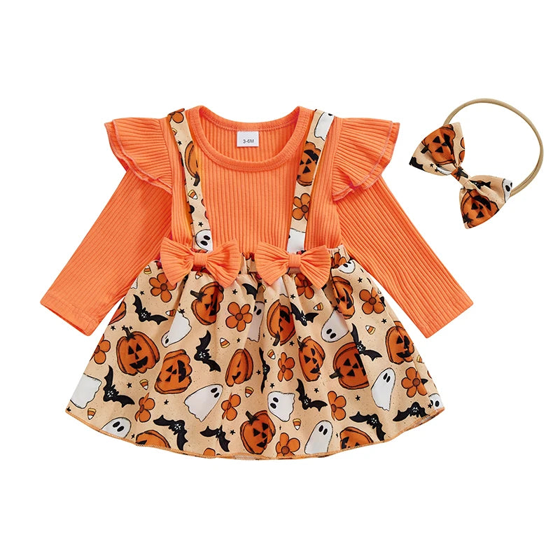 Newborn Baby Girl Halloween Clothes Outfit Pumpkin Ghost Print Long Sleeve Crew Neck Patchwork Romper Dress with Headband
