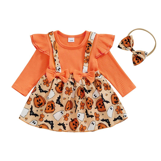 Newborn Baby Girl Halloween Clothes Outfit Pumpkin Ghost Print Long Sleeve Crew Neck Patchwork Romper Dress with Headband