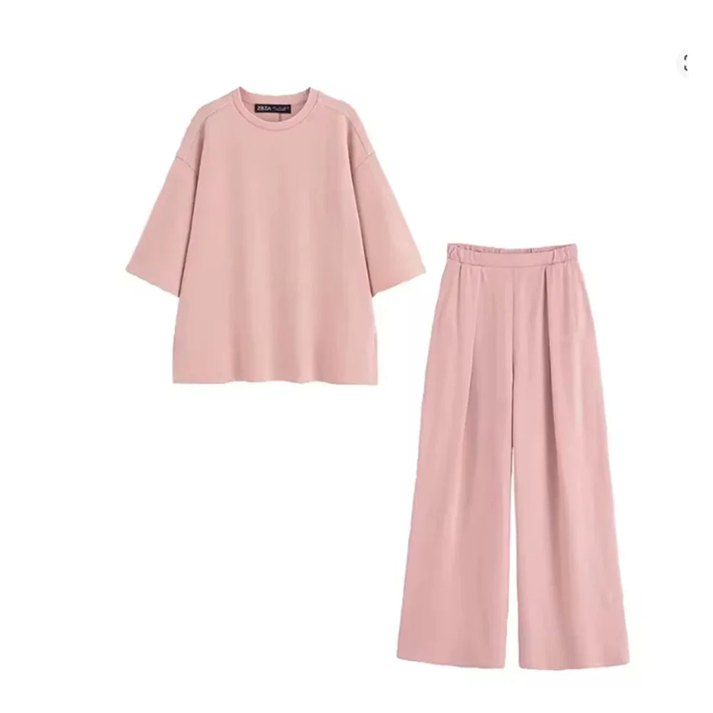Women Set Sweet O-neck Short Sleeve T-shirt Wide Leg Elastic Waist Trousers 2025 Summer Lady Outfit Casual Solid Top Pants
