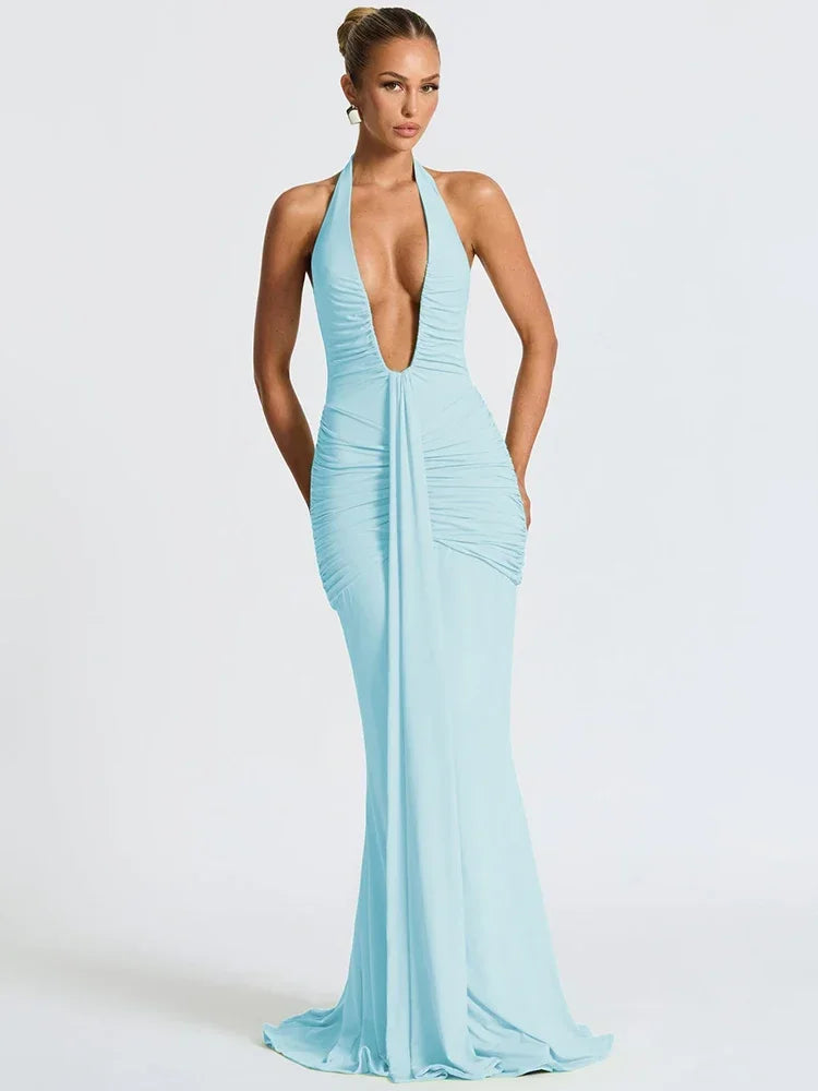 Deep V Neck Draped Ruched Sexy Maxi Dress Women Summer Fashion Halter Sleeveless Backless Club Party Long Dress Elegant