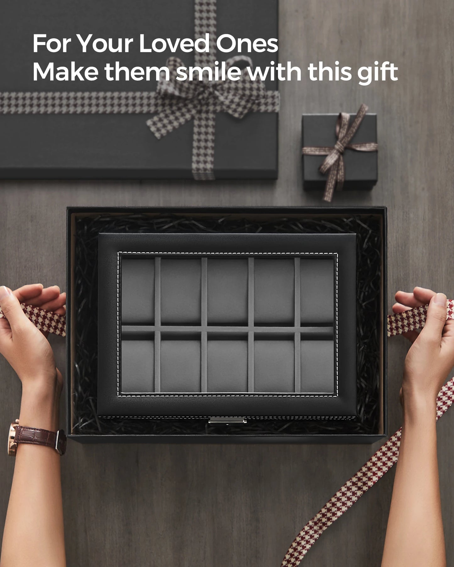 SONGMICSHOME Watch Box Black Synthetic Leather 20-Slot Watch Case with Glass Lid 2 Layers Lockable Watch Display Case