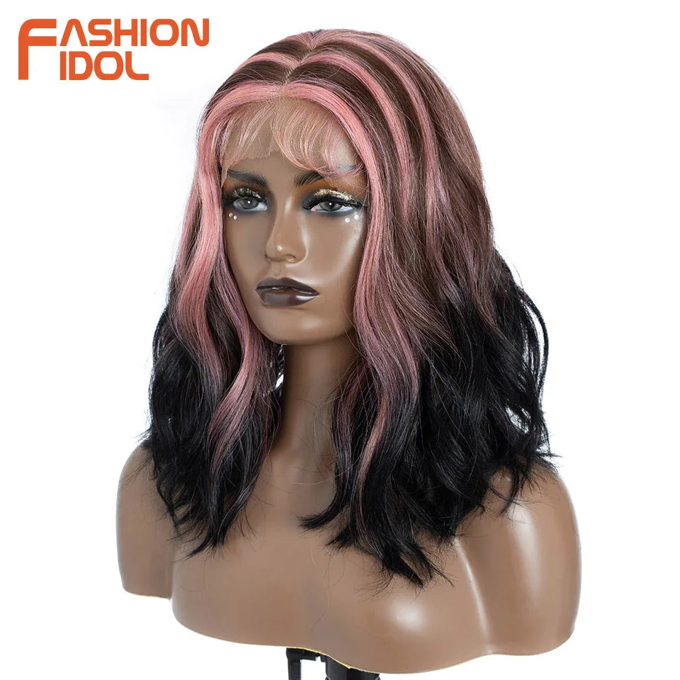 FASHION IDOL 12 Inch Bob 13x7 HD Lace Front Synthetic Wigs For Black Women Ombre Blue Heat Resistant Short Body Wave Cosplay Wig