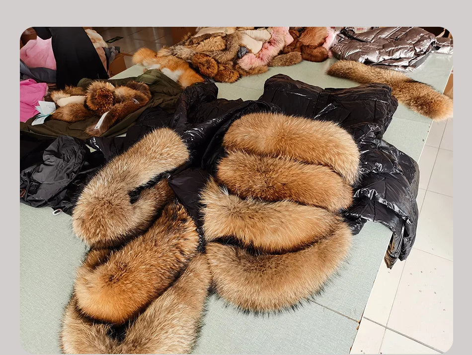 Maomaokong 2022 Women Winter Black Loose Long Down Jacket  Real Fox Fur Collar Hooded Fashion Waterproof Female Extra Large Coat