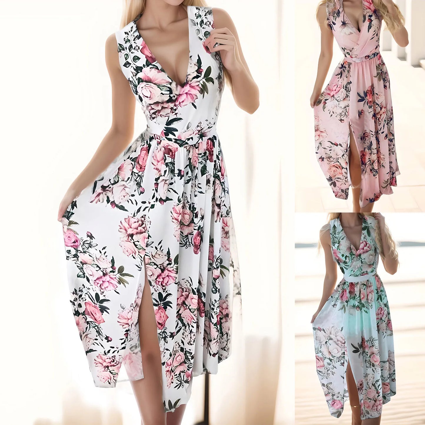 Women's Maxi Print Dress Sexy Off Shoulder Ruffles Elegant V-Neck Dresses Long Fashion Strap Chiffon Dresses Vestidos Para Mujer