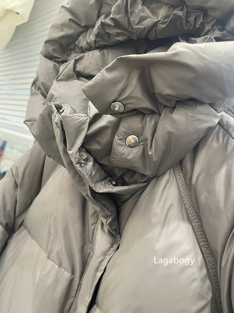 Lagabogy 2025 New Winter Women Puffer Jacket Female White Duck Down Coat Large Version of Warm Hooded Loose Thickened Long Parka