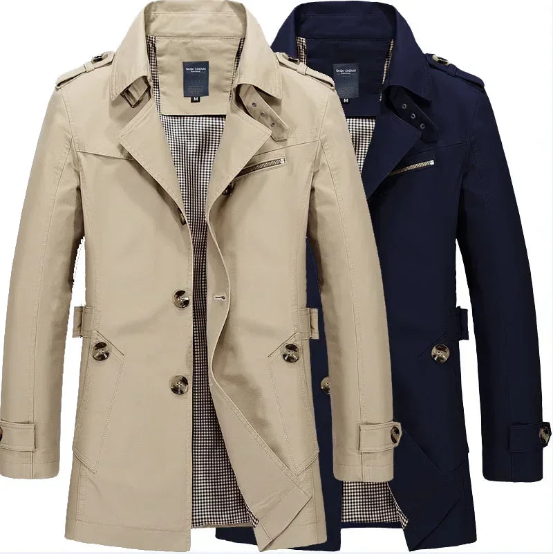 Men's Business Windbreaker Solid Casual Long Jackets Men Cotton Trench Coats Spring Autumn Fashion Male Suit Streetwear Blazers