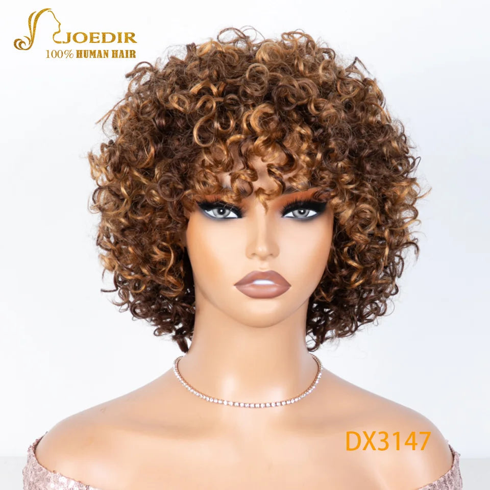 Joedir Black Short Afro Kinky Curly Bob 100% Human Hair Wig For Women Brazilian Remy Hair Full Machine Made Wear to go Daily Wig