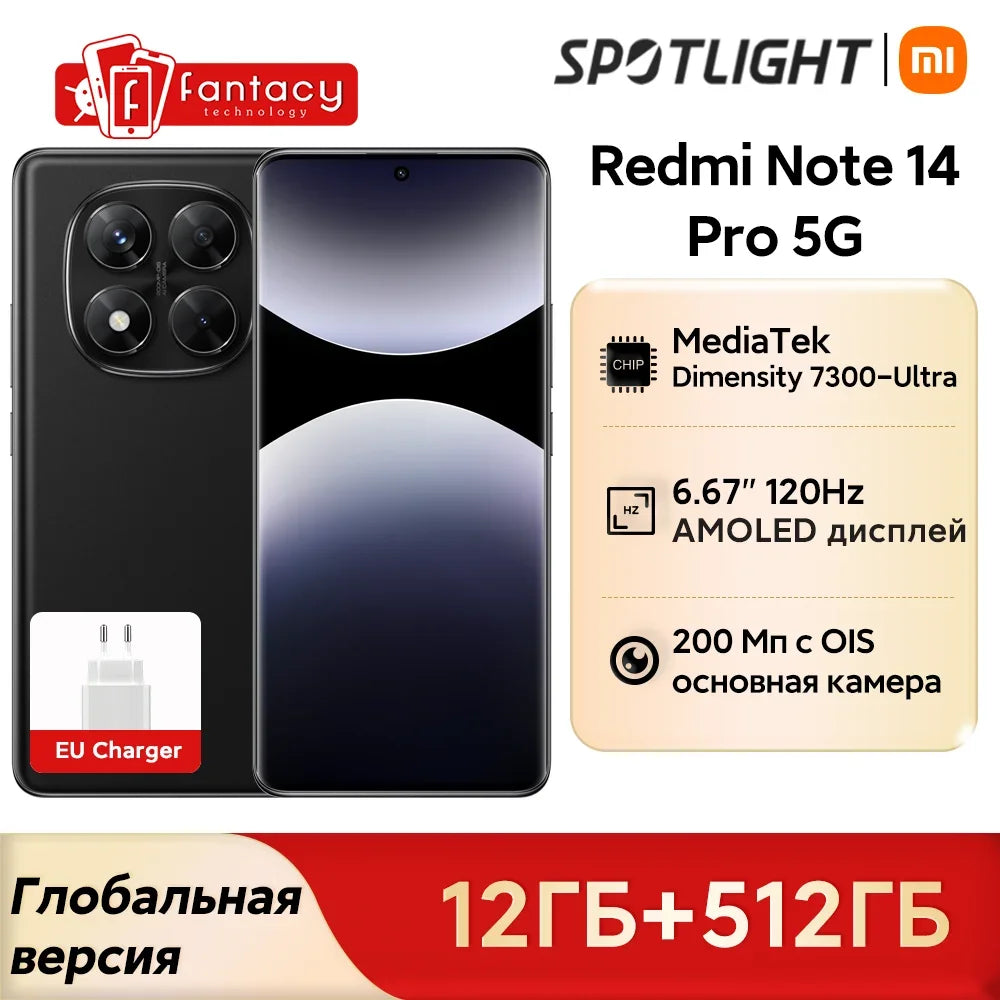 Global Version Redmi Note 14 Pro 5G Smartphone Dimensity 7300 Ultra NFC 200MP Camera 1.5K 120Hz AMOLED Display 45W Turbo Charge