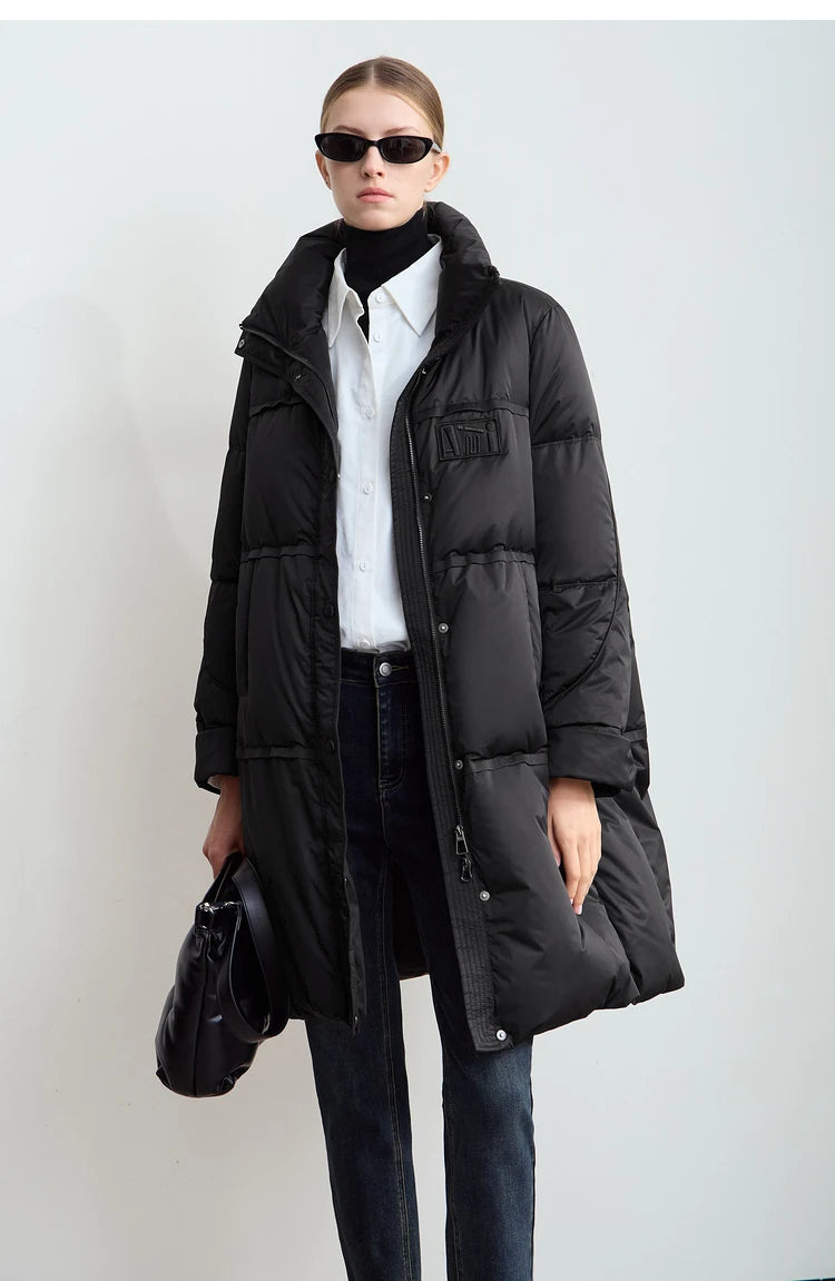 Amii 2024 Winter New Women's Velcro Loose Coat Top Warm Stand-up Collar Letter Embroidered Seal Zipper Down Jacket 12444103