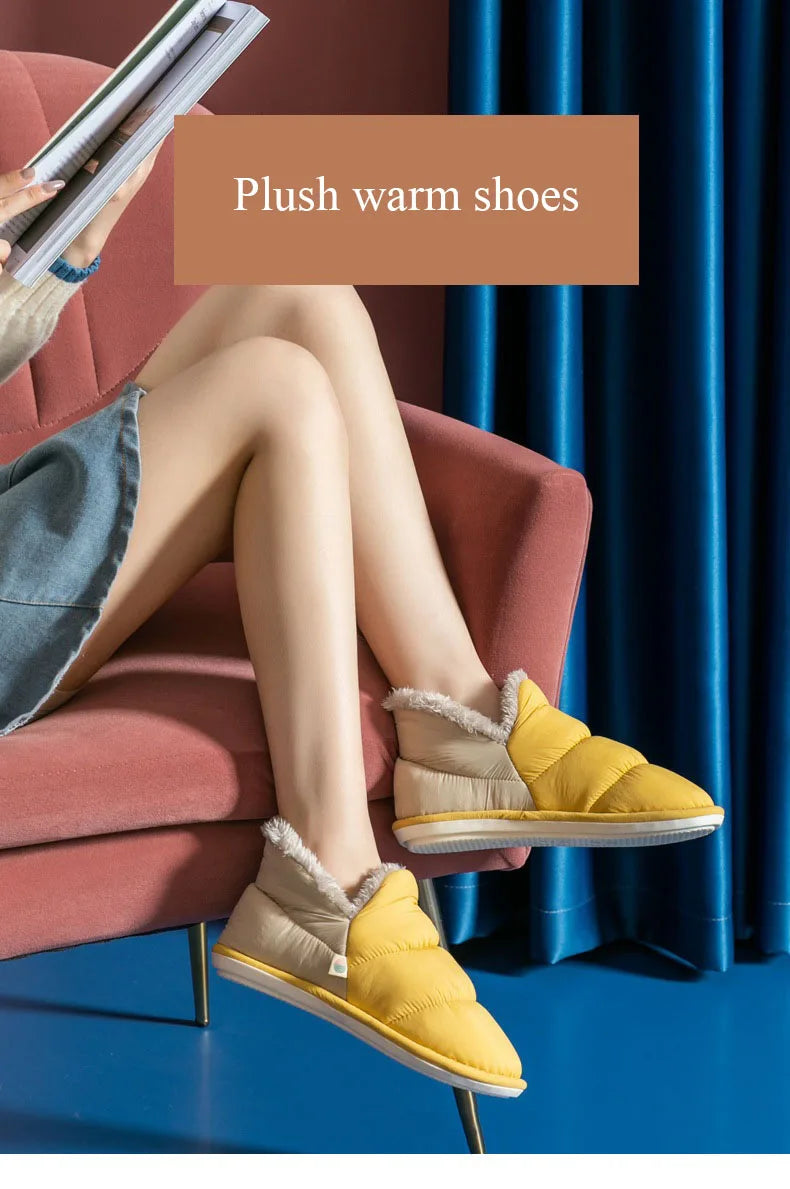 WDZKN Fashion Women Home Cotton Shoes Winter Warm Plush Slip On Slippers Waterproof Down Soft Bottom Indoor Couple Outside Shoes